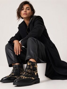 Burberry Black Leather Gold Studded Buckle Combat Boots Moto Biker Boots